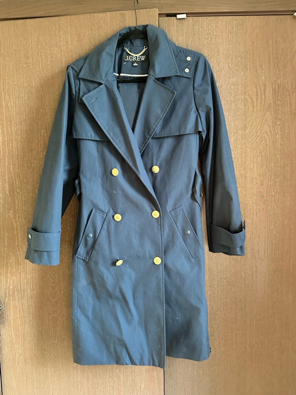 J. Crew Navy Double-Breasted Trench Coat with Gold Buttons